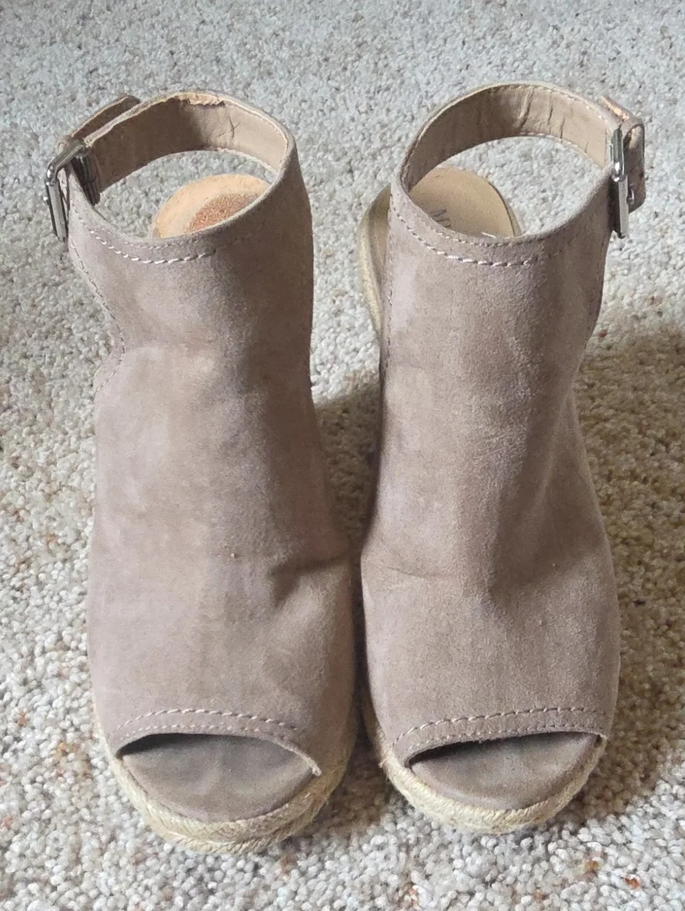Taupe Suede Peep-Toe Wedge Sandals - Women 8.5